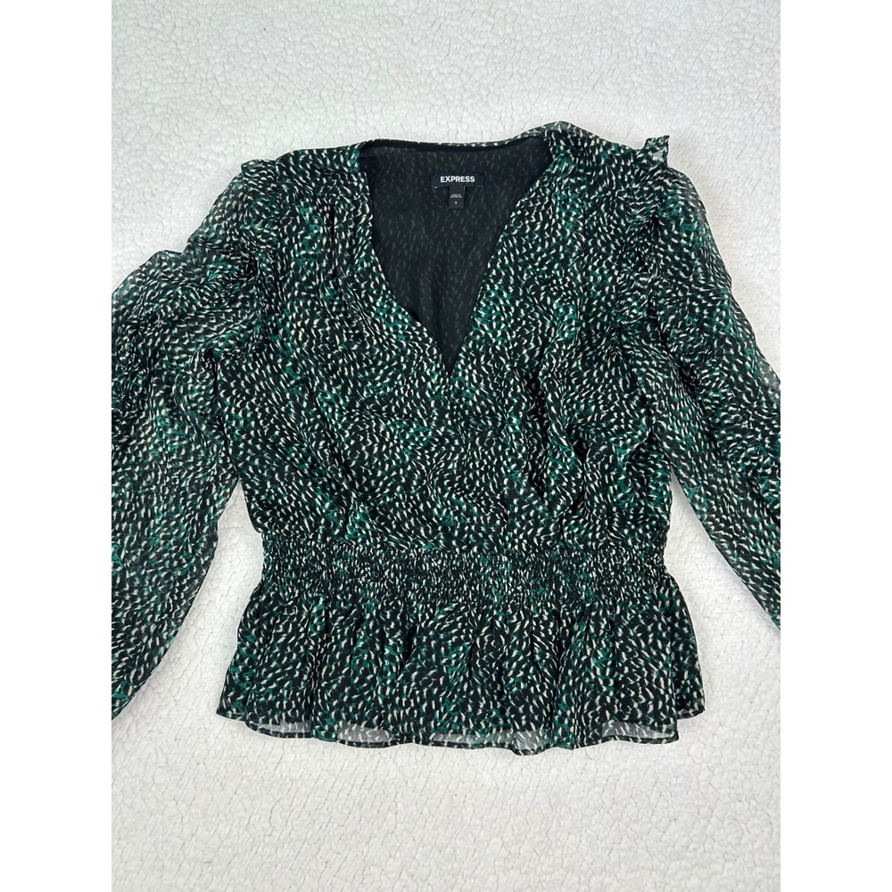 Express Green Blouse Smocked Waist Long Sleeve Sheer Top Size S‎